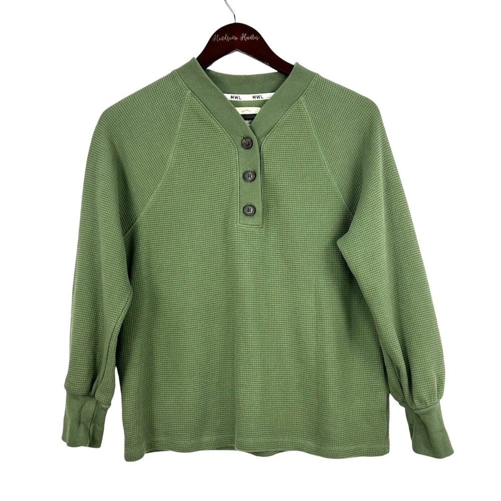 Madewell MWL Henley Sweatshirt Women XS Green EUC Waffle Knit Balloon Sleeve